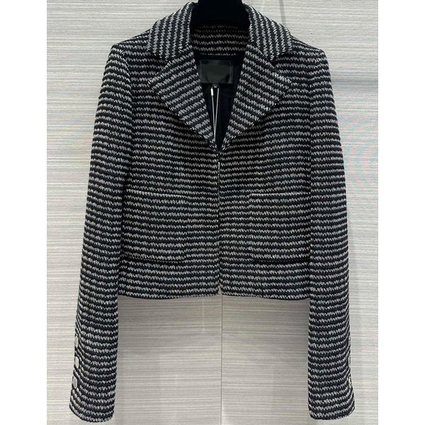 

7.27 vintage temperament notched collar long sleeve striped short tweed jacket women, Black;brown