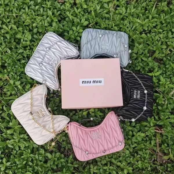 

designer bags miu bag family's pleated bag women's candy color embroidery underarm bag crystal chain shoulder crossbody bag bowlin