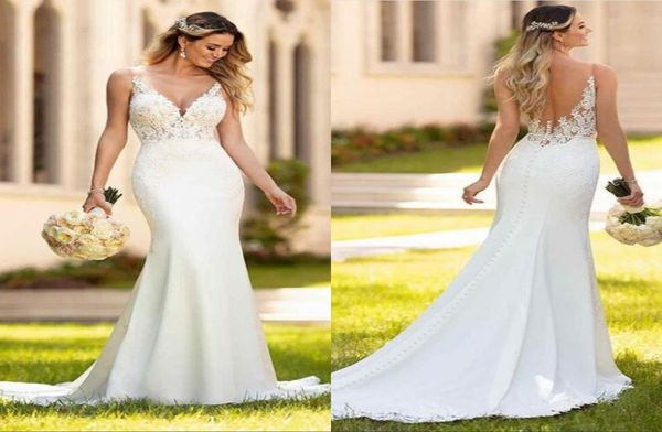

lace mermaid boho wedding dresses v neck tulle appliques sweep train backless wedding bridal gowns vestidos de noiva with button7550240, White