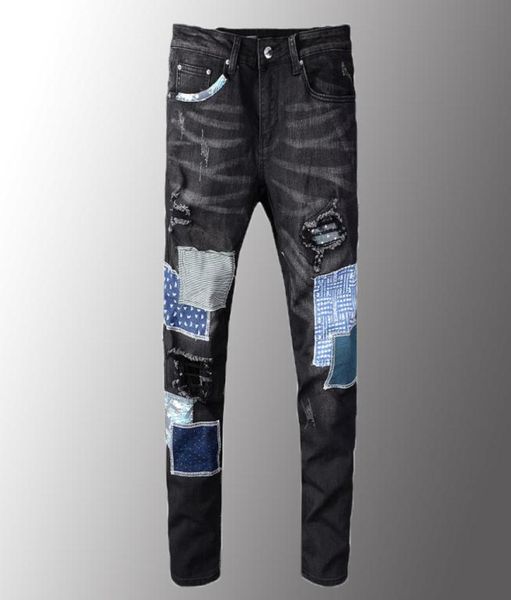 

minglu mens jeans luxury men039s black patchwork ripped jeans streetwear patch design stretch denim pants slim skinny trousers6907414, Blue