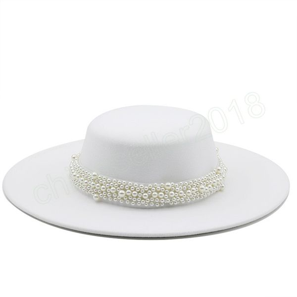 

french style pearl chain white flat fedora hats for women autumn spring big brim boater hat for party wedding, Blue;gray