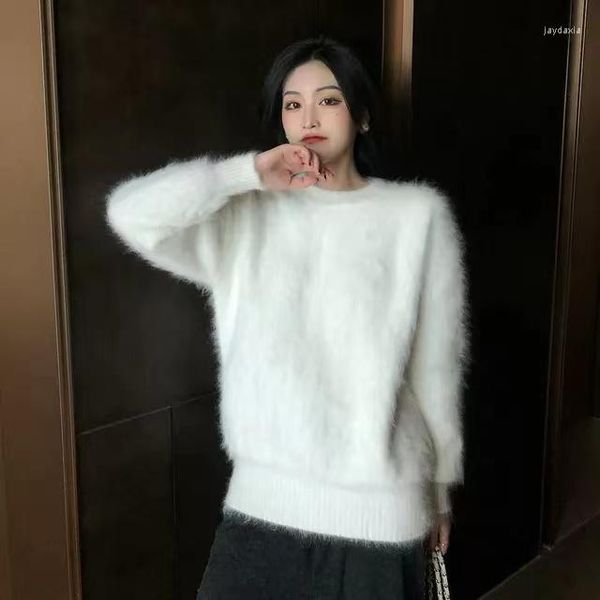

women's sweaters 2023 autumn and winter solid color sable velvet mink cashmere sweater loose vintage fully angora knitted jz164, White;black