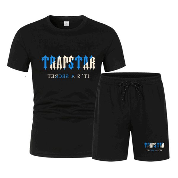 

men's jackets trapstars summer men's sets printed short sleeve t-shirt casual sports jogging homme shorts set street 2 pieces set, Black;brown