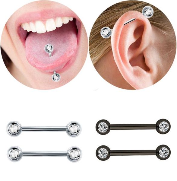 

1pc stainless steel inlaid zircon tongue rings punk style nipple tongue piercing tragus lage earring body piercing jewelry8586654, Silver