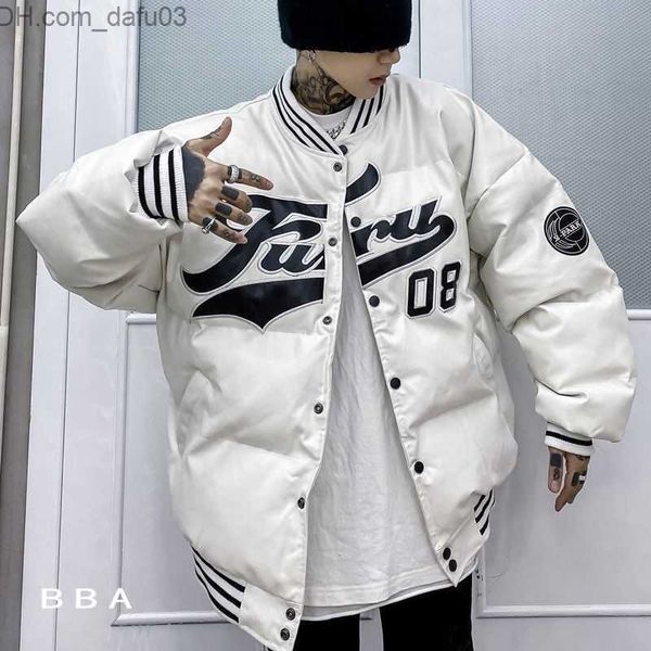 

men's down parkas mens down parkas winter embroidery jacket loose white thickening retro baseball uniform thicken coat female bf haraju, Black