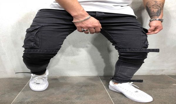 

mens black denim slim fit jeans male skinny pencil pants casual cargo pants trousers with pockets straps 8573457, Blue