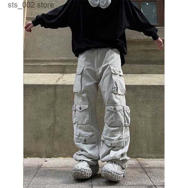 

men's pants solid color multi pocket casual straight loose cargo pants men harajuku hip hop popular simple joggers men streetwear pants, Black