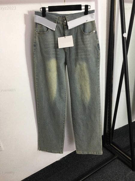 

designer clothes women letter cuffed high waisted jeans size s-l fashion wash with old water denim pants july25, Blue