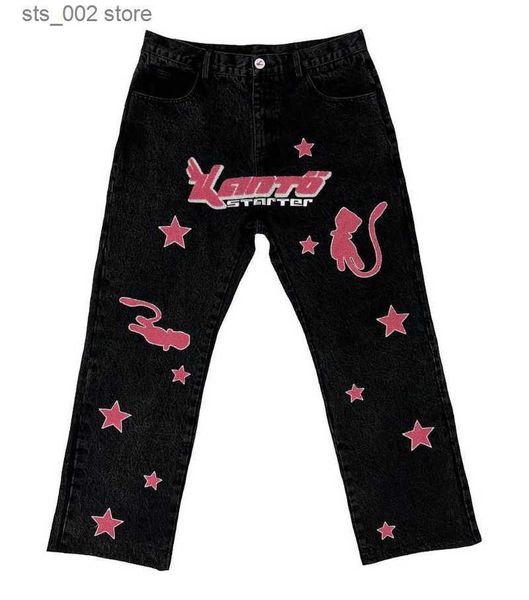 

men's jeans pentagram letter print jeans 2022 american hip-hop street couple retro loose fashion washed straight pants tide brand t2307, Blue