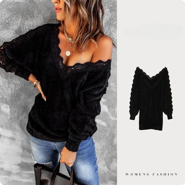 

women's sweaters solid lace sweater fall winter 2023 new hollow out knit v-neck long sleeve, White;black