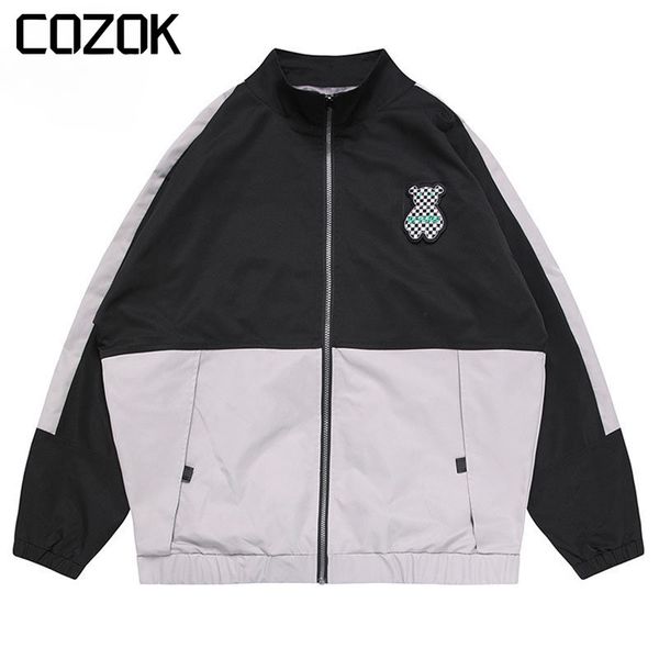

mens jackets spring korean patchwork varsity jacket men bear letter embroidery sport loose vintage casual windbreak coat 230726, Black;brown