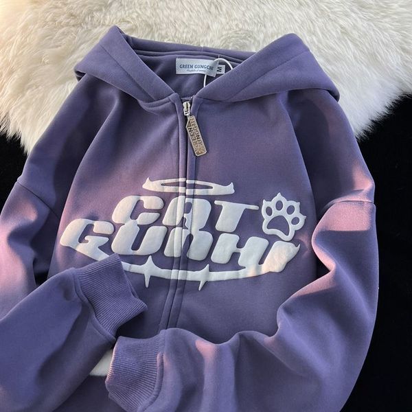 

women's jacket letter print hoodies autumn winter retro zip up long sleeve hooded sweatshirts harajuku casual coat y2k streetwear 23072, Black;brown