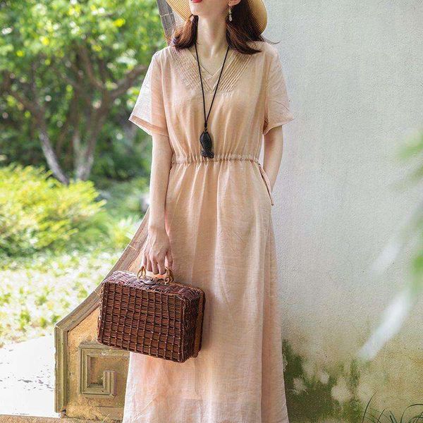 

plated hemp slim artistic retro dress for women summer loose cotton and linen fat mm short sleeve covering meat, Black;gray