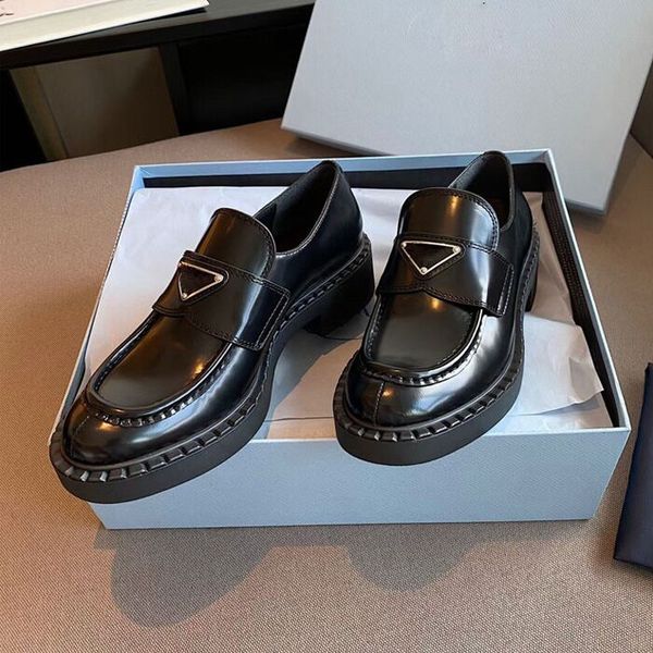 

women designer shoes round toe loafers luxury platform p triangle logo black leather thick soled dress shoes with dust bag size 35-41