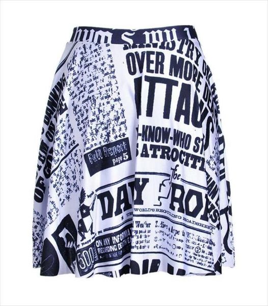 

summer style fashion plus size women skirt popular digital print newspaper above the knee skirts drop 2638701, Black