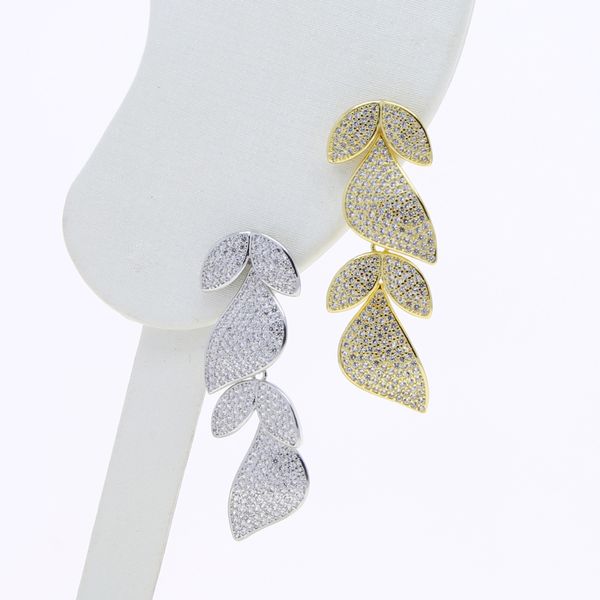 

shiny leaf shape flower long driop earrings full iced out bling pave cubic zircon cz fashion hip hop women lady wedding gift jewelry sets, Golden