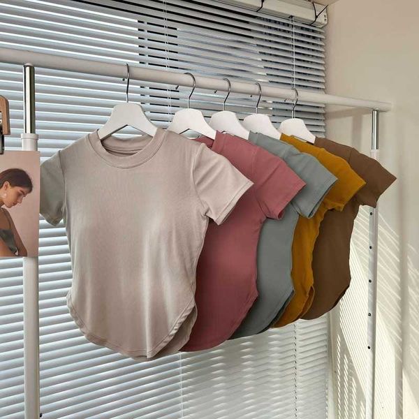 

lulu t shirt summer tee sport woman ribbed short sleeve o round neck blouse solid padded waist open sports crop tank shirt fitness soft gym