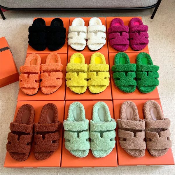 

fur slippers chypre h sheep wool plush slipper designer sandals fashion women fluffy furry shoes warm winter flat slides suede sherpa fleece, Black