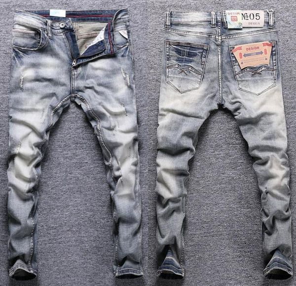 

men039s jeans streetwear fashion men retro yellow blue elastic slim fit ripped trousers vintage designer casual denim pantsmen4900186