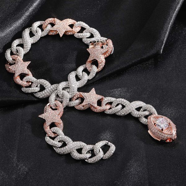 

20mm hip hop charm star eye buckle cuban link chain necklace real gold plated, Silver