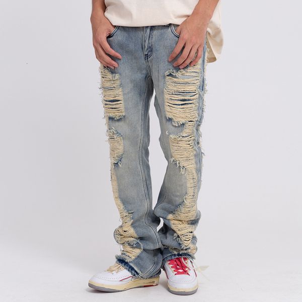 

men's jeans harajuku ripped frayed hole blue washed jeans pants for men and women pockets streetwear casual baggy denim trousers 230726