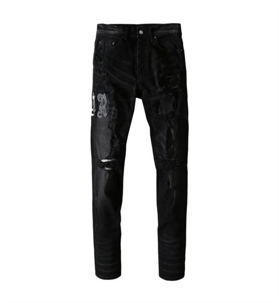 

mens jeans black letters pasted with leather holes damaged thin in europe and america6479801, Blue