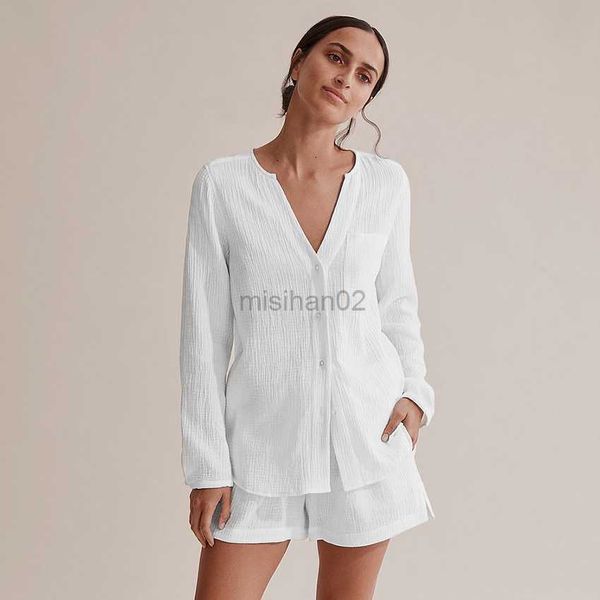 

women's sleep lounge hiloc pocket white sleepwear cotton suits with shorts female lacing long sleeves set woman 2 pieces v-neck women p