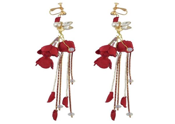 

fashion tassels alloy red cloth flower crystal faux pearl statement drop dangle earrings clip women039s engagement gift8735347, Silver
