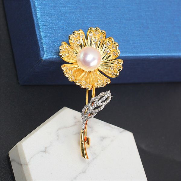

pins brooches diy accessories delicate sunflower pearl brooch highgrade thick goldplated microset zircon pin corsage empty support women 230, Gray