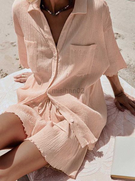 

women's sleep lounge hiloc double pockets sleepwear single-breasted three quarter sleeve pajama sets turn down collar women's summ