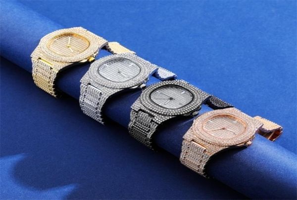 

brand iced out diamond watch quartz gold hip hop es with micropave cz stainless steel clock relogio 2202285418668, Slivery;golden