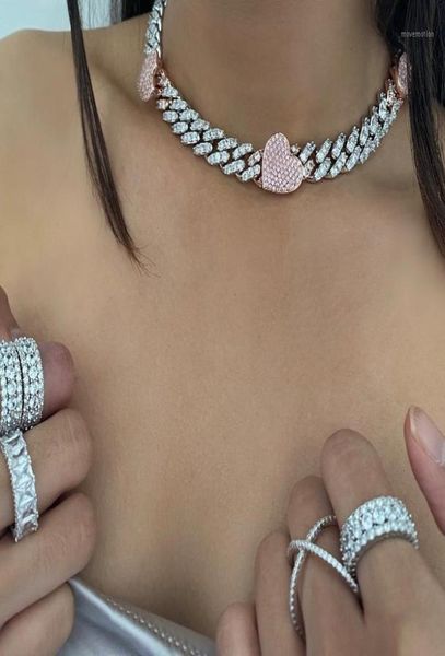 

iced out bling 12mm cuban link chain rose gold color pink cz heart charm choker necklace girlfriend lover gift jewelry fashion16400604, Golden;silver