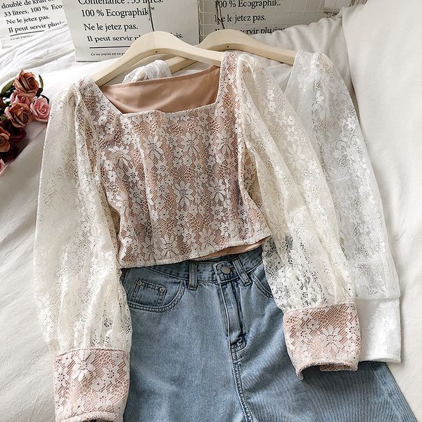 

womens blouses shirts vintage square collar hollow out short lace chic long sleeve female korean elegant blusas mujer 230726, White