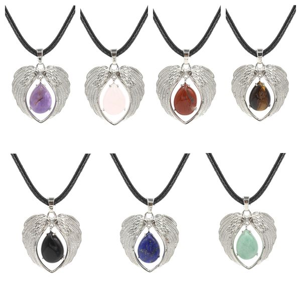 

silver alloy heart gemstone pendant necklace angle wings teardrop stone choker healing chakra crystal jewelry