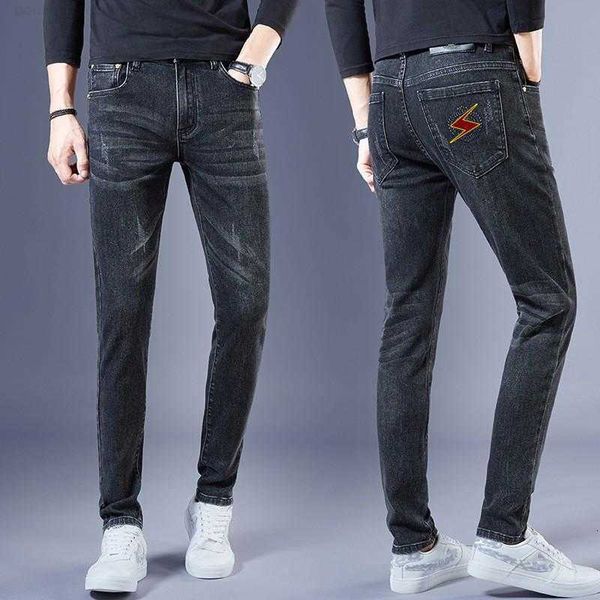 

designer jeans for men autumn and winter embroidered jeans elastic slim fit small leg straight pants man thick style pants, Blue