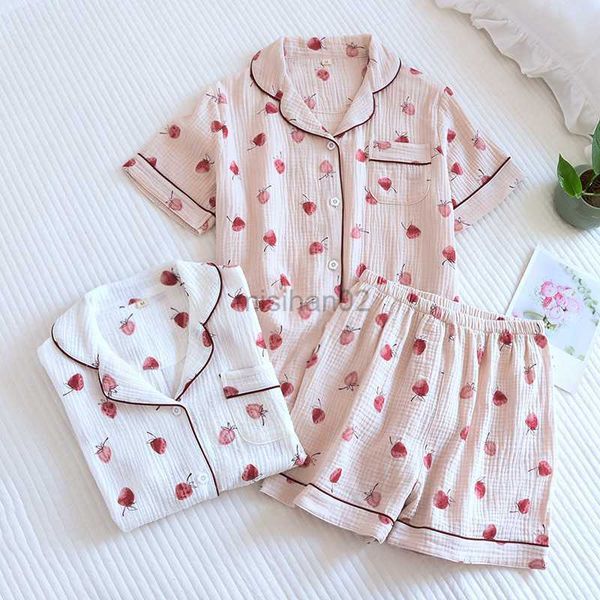 

women's sleep lounge summer/autumn strawberry print women's pajamas cotton crepe short sleeved shorts suits lapel cute loose comfo