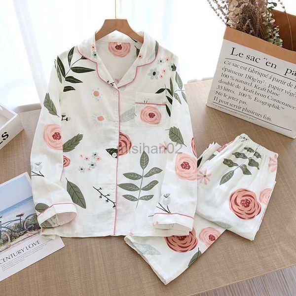 

women's sleep lounge 2023 ladies pajamas set gauze cotton cartoon rose printed 2pcs turn-down neck shirt+pants comfort fresh and nature