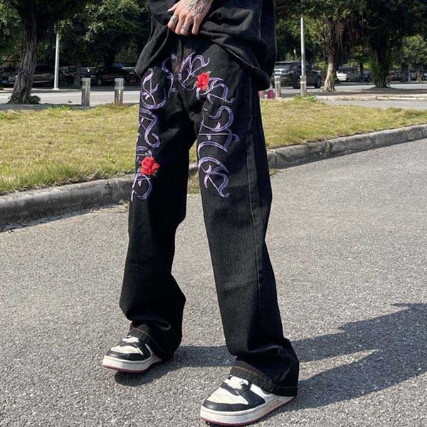 

men's pants letter rose embroidery jeans men hip hop harajuku straight washed denim pants high street loose casual trousers black l2307