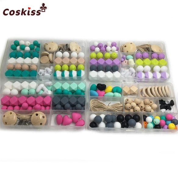 

4 boxed diy baby teether accessories geometry hexagonal round silicone beads wooden rings pacifier clip breakaway safety clasp for1362808