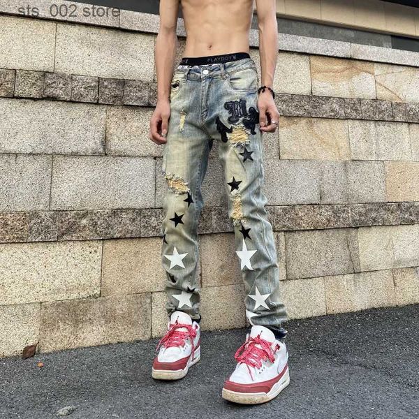 

men's jeans american style washed mens pants straight vintage fashion star patchwork y2k distressed women ripped jeans streetwear trous, Blue