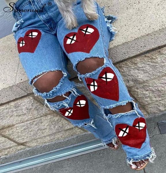 

women039s jeans simenual heart print denim cut out distressed for women baddie clothes streetwear high waist baggy pants in blu5325121, Blue