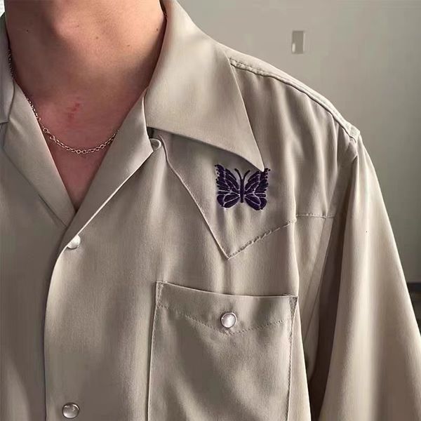 

mens casual shirts summer men women apricot color needles shirt butterfly embroidered lapel collar single breasted short sleeve 230726, White;black