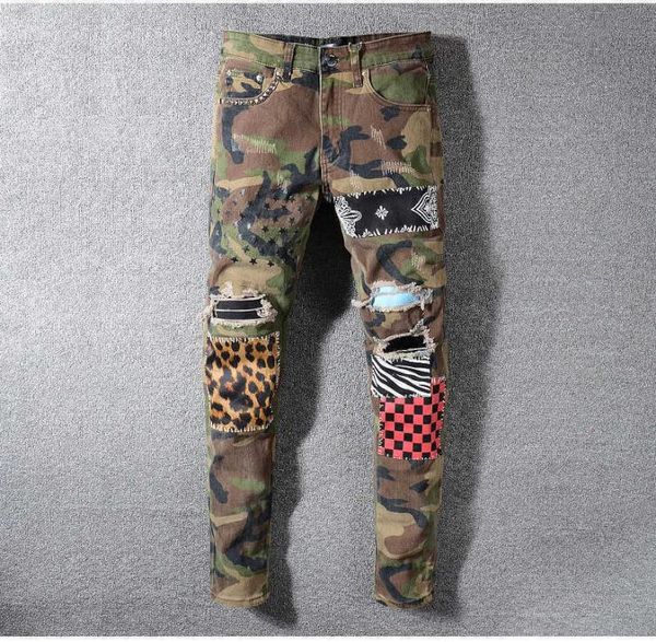 

stars printed jeans slim rivet holes ripped stretch denim pants plaid trousers men039s camouflage leopard patchwork5237285, Blue