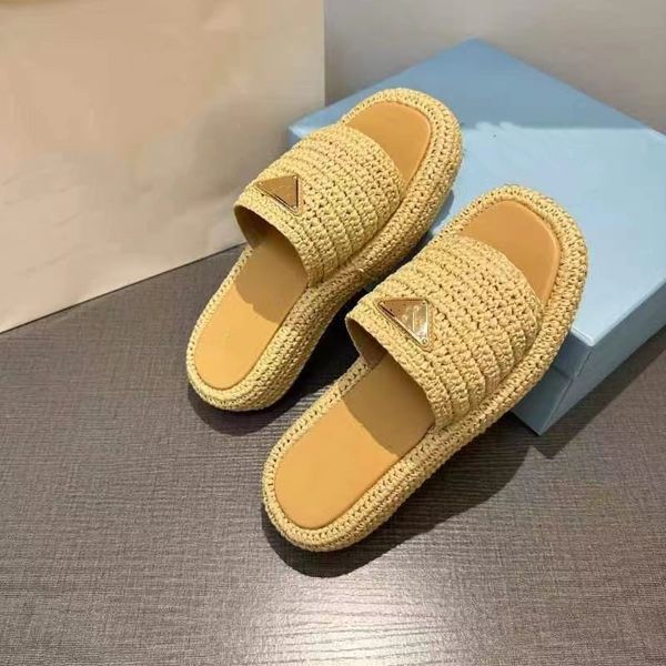 

women ladies platform slippers raffia straw sandal made in italy triangle buckle mules thick bottom chunky heels slides beige black white sl
