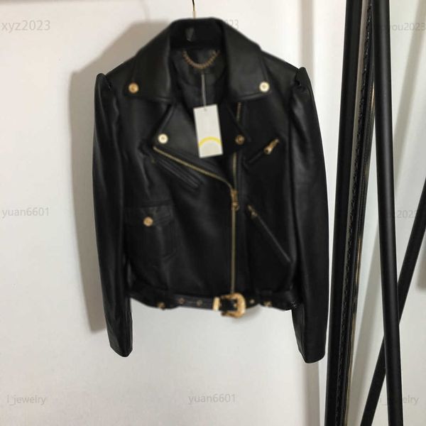 

designer women sheepskin coat fashion leather jacket size s-xxl carved hardware belt with waistband overcoat multiple product, Black