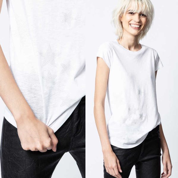 

23ss zadig voltaire women star diamond white bead cotton short sleeve t-shirtt shirt oversized polos classic fashion