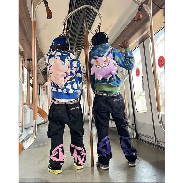

mens pants y2k retro street trend cargo pant fashion minus two black pants haruku hip hop print loose overalls joggers men c1, White;black