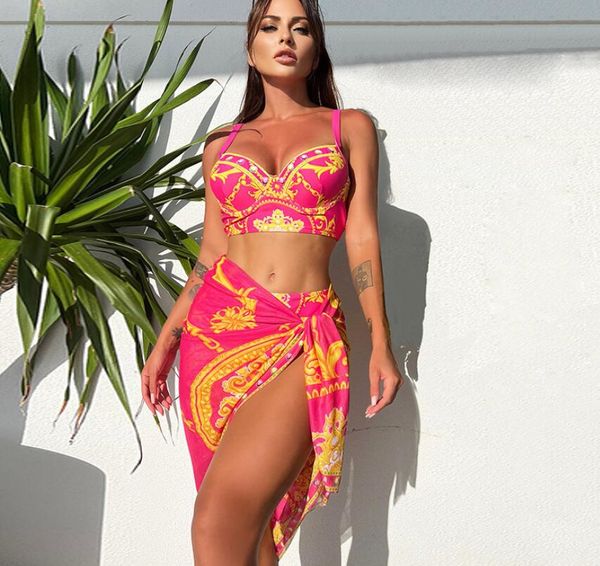 

new three piece designer swimwear women's cover ups bikini slim beautifying the back girl swimsuit retro royal print bathing suits, White;black