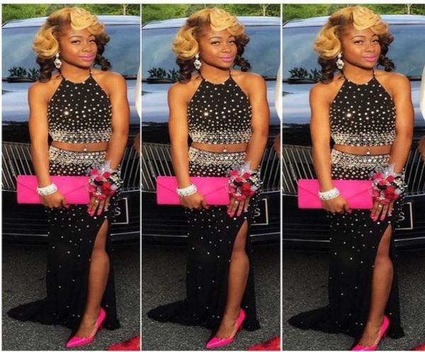 

glitzing crystal beaded black prom dresses 2016 two piece dress halter vestido de festa side split mermaid formal party evneing go1549059