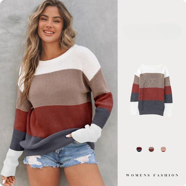 

women's sweaters striped crewneck sweater women's winter new loose pullover long sleeve contrast basic casual top, White;black